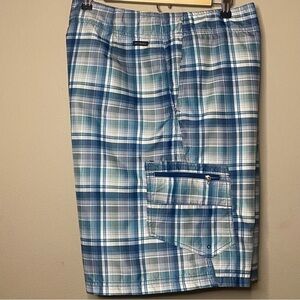 Columbia Plaid Board Shorts Men 38”x11” Blue Green 100% Polyester